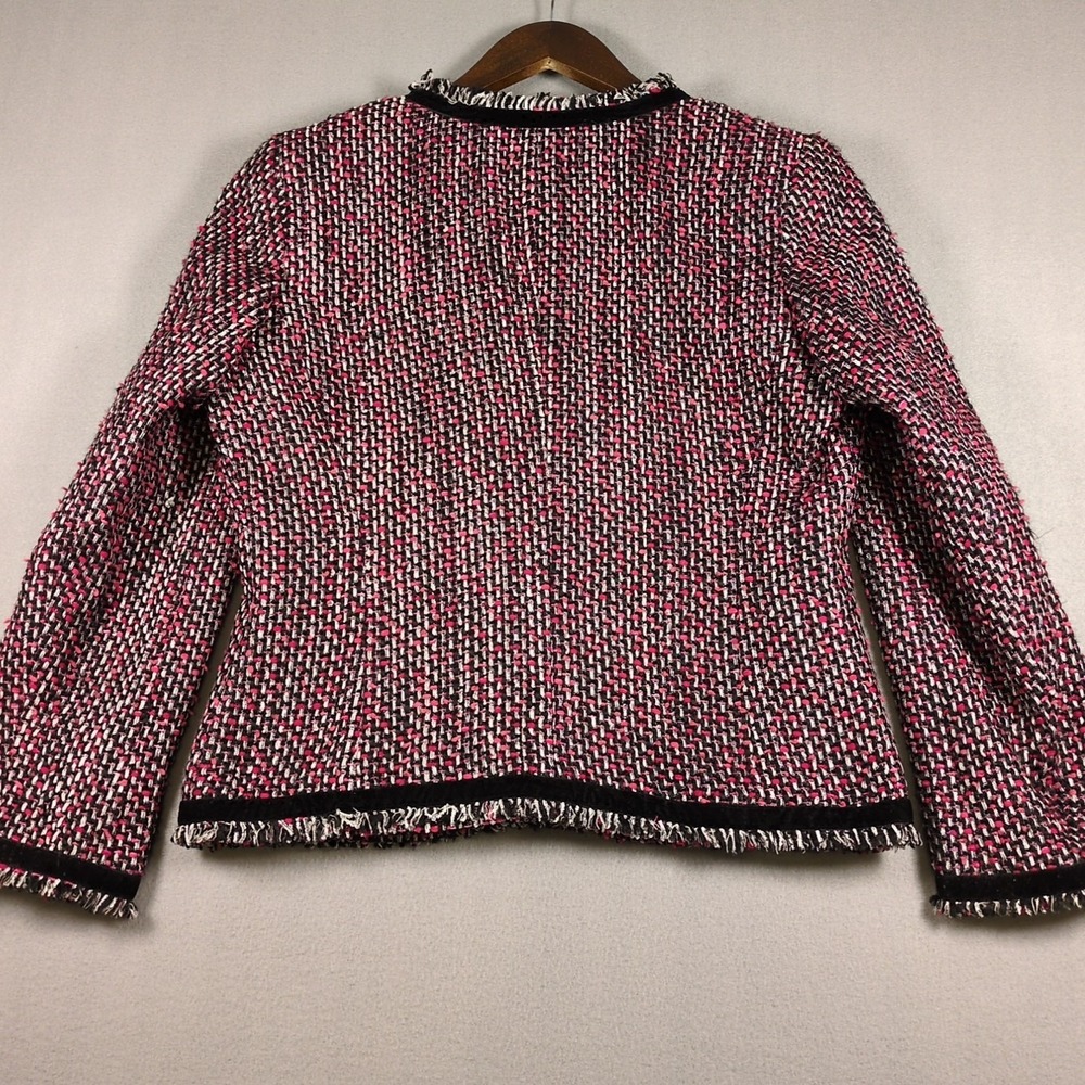 Sag Harbor Womens SZ 8 PETITE Pink White Black Tweed Blazer Fringe Hook & Eye - Picture 6 of 6